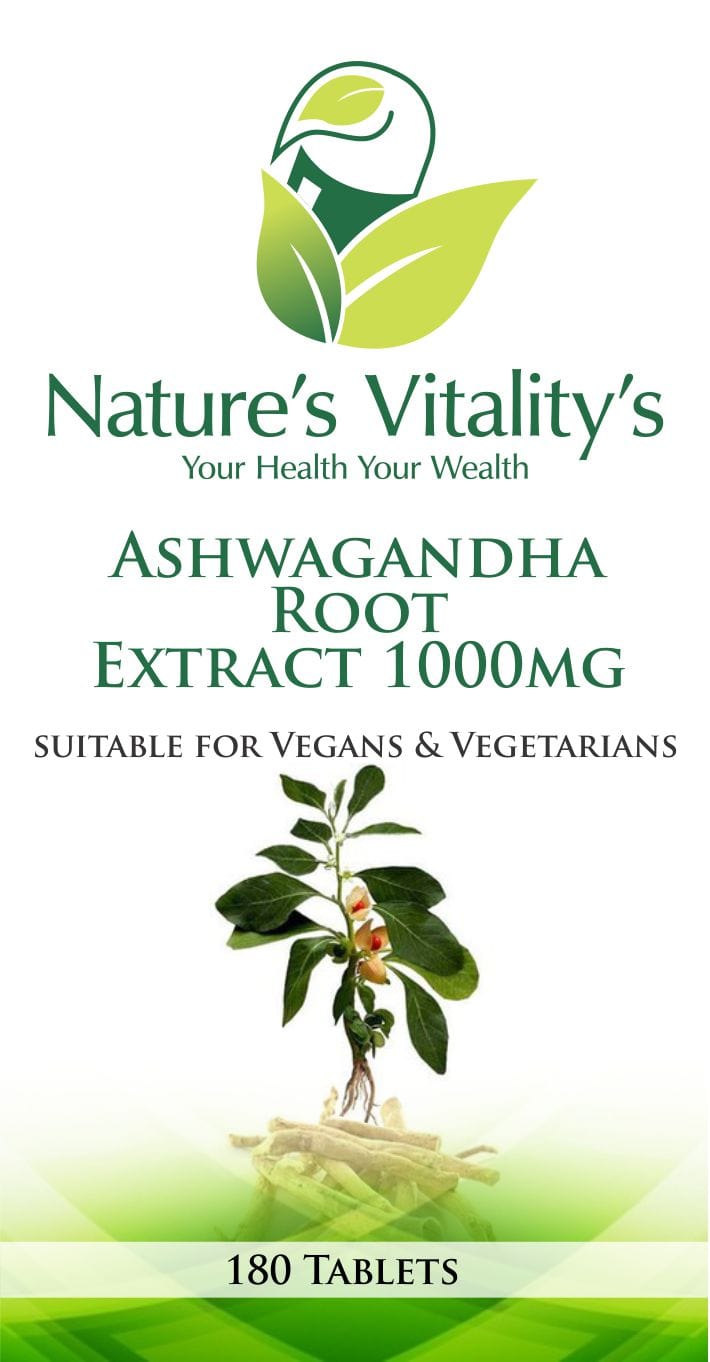 Nature's Vitality's Ashwagandha Root Extract Supplement 1000mg 180 Tablets Vegan/Vegetarian Made in UK