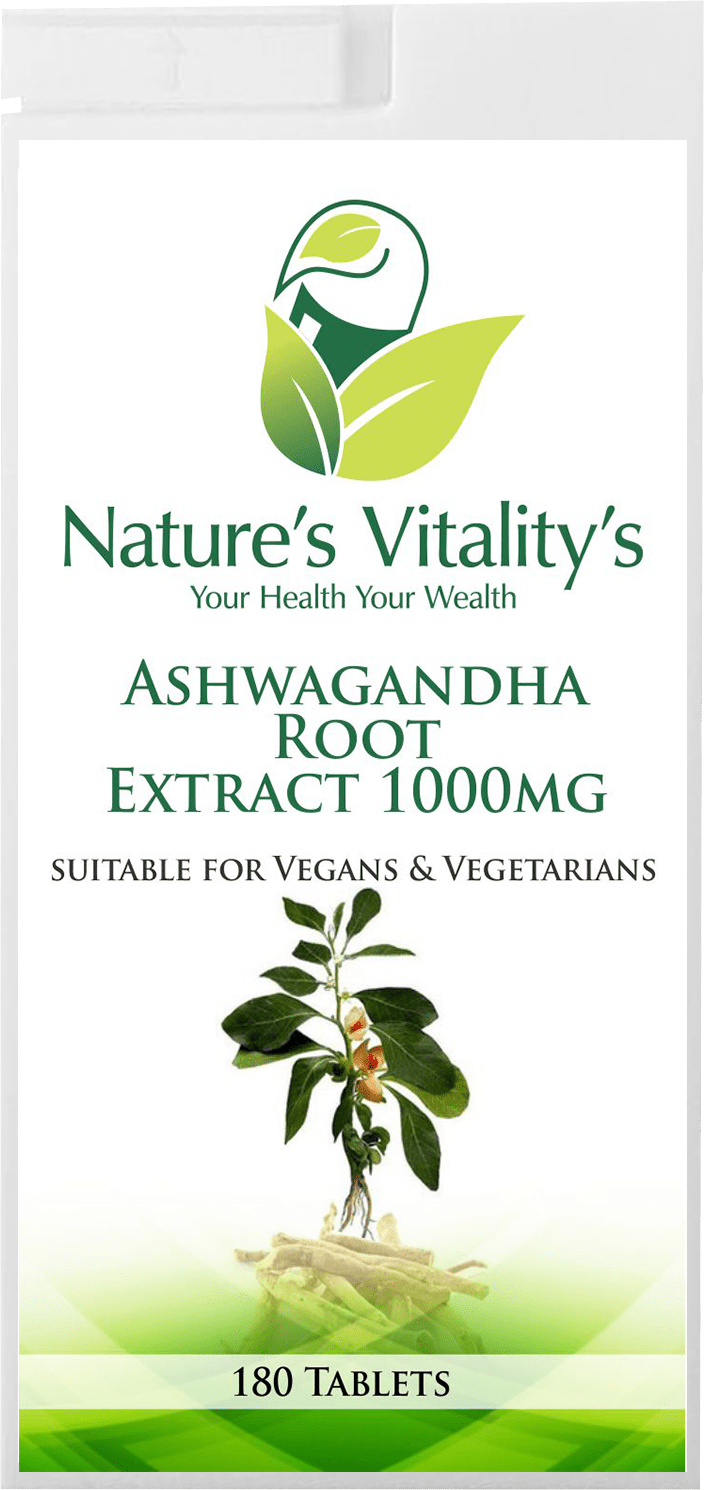 Nature's Vitality's Ashwagandha Root Extract Supplement 1000mg 180 Tablets Vegan/Vegetarian Made in UK