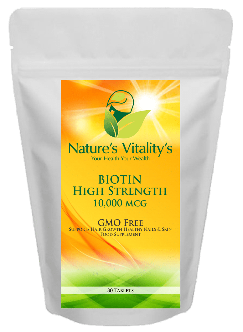 Nature's Vitality's Biotin Vitamin B7 High Strength 10,000 MCG 30 Tablets 1 Month Supply GMO Free Supports Hair Growth, Hair Follicles, Healthy Nails, Skin