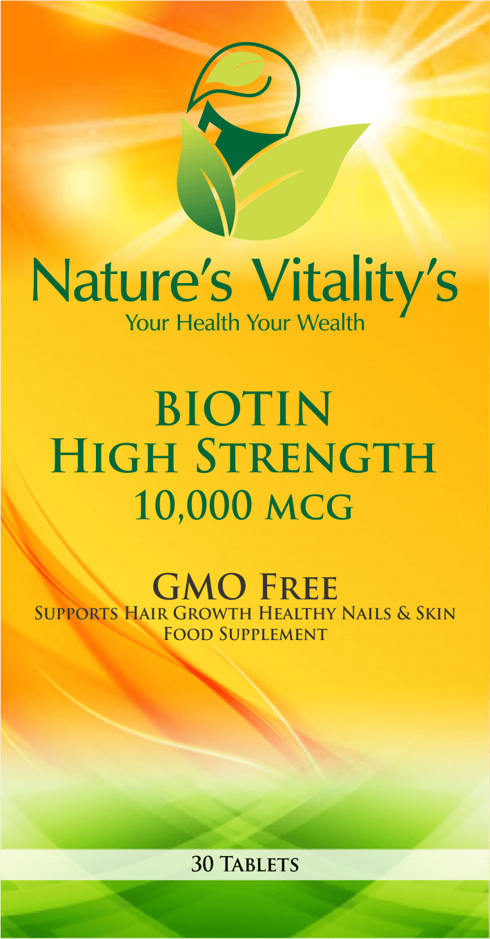 Nature's Vitality's Biotin Vitamin B7 High Strength 10,000 MCG 30 Tablets 1 Month Supply GMO Free Supports Hair Growth, Hair Follicles, Healthy Nails, Skin