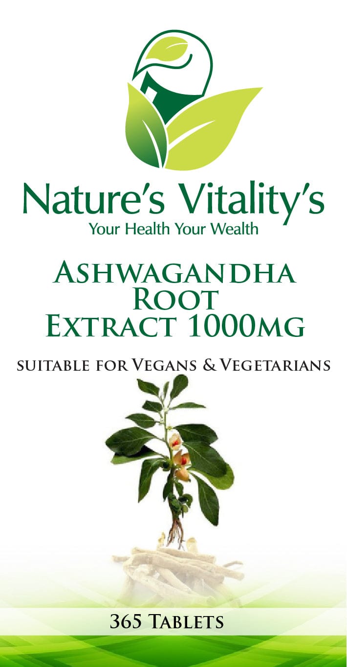 Nature's Vitality's Nature`s Vitality's Ashwagandha Root Tablet 365 1000mg suitable for Vegan/Vegetarian Supports Sleep Stress Anxiety Fatigue