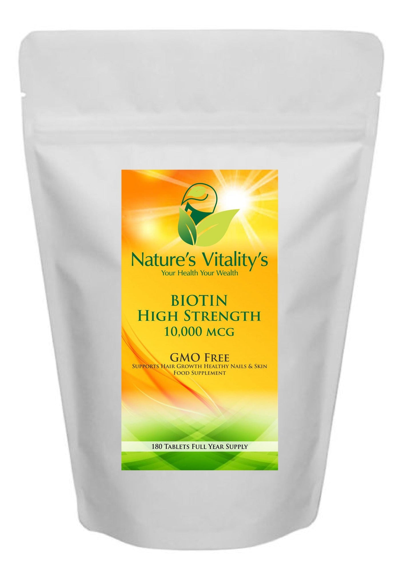 Nature's Vitality's Nature`s Vitality's Biotin Vitamin B7 High Strength 10,000 MCG 180 Tablets 6 Months Supply GMO Free Supports Hair Growth, Hair Follicles, Healthy Nails, Skin, 49g