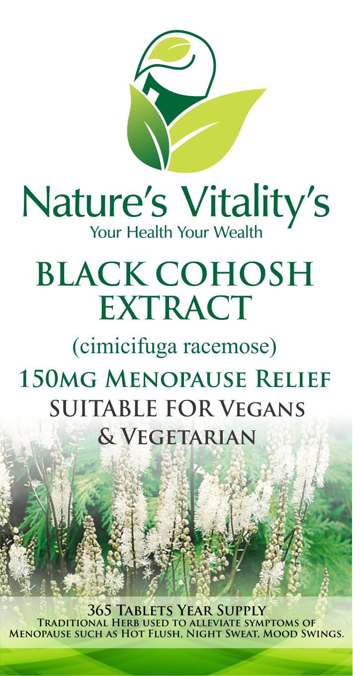 Nature's Vitality's Nature`s Vitality`s Black Cohosh 365 tablets Menopause Support Natural HRT night Sweat relief Menopause hormone Balance suitable for Vegan & Vegetarian.