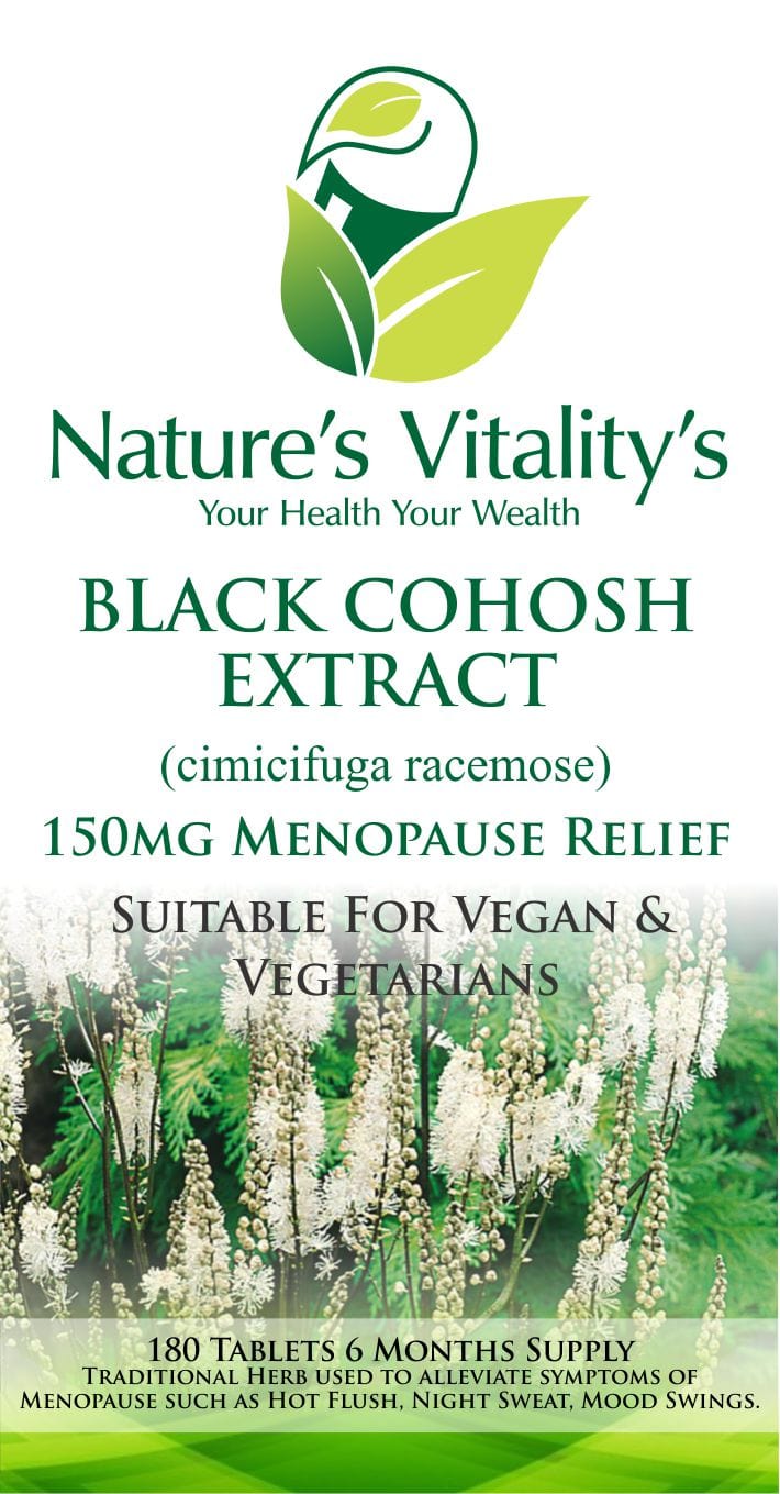 Nature's Vitality's Nature`s Vitality`s Black Cohosh Menopause Relief Support 180 tablets HRT night Sweat relief Menopause hormone Balance suitable for Vegan & Vegetarian.