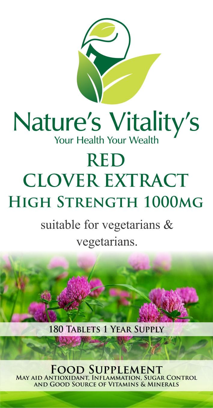 Nature's Vitality's Red Clover Extract 1000mg Menopause Hot/Flushes Support HRT 180 Tablets Suitable for Vegetarians &Vegan