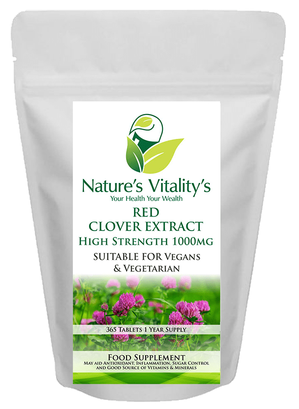 Nature's Vitality's Red Clover Extracts 1000mg Menopause Hot Flush Support Female HRT Hormonal balance iHigh Strength 365 1 Year Supply Suitable for Vegans & Vegetarian UK Made.