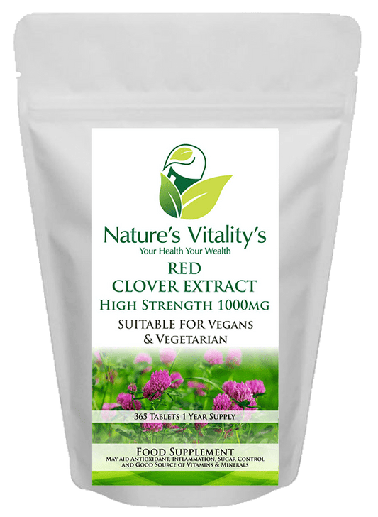 Nature's Vitality's Red Clover Extracts 1000mg Menopause Hot Flush Support Female HRT Hormonal balance iHigh Strength 365 1 Year Supply Suitable for Vegans & Vegetarian UK Made.