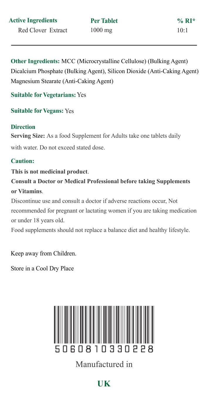 Nature's Vitality's Red Clover Extracts 1000mg Menopause Hot Flush Support Female HRT Hormonal balance iHigh Strength 365 1 Year Supply Suitable for Vegans & Vegetarian UK Made.