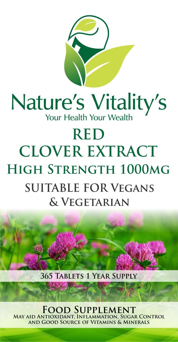 Nature's Vitality's Red Clover Extracts 1000mg Menopause Hot Flush Support Female HRT Hormonal balance iHigh Strength 365 1 Year Supply Suitable for Vegans & Vegetarian UK Made.