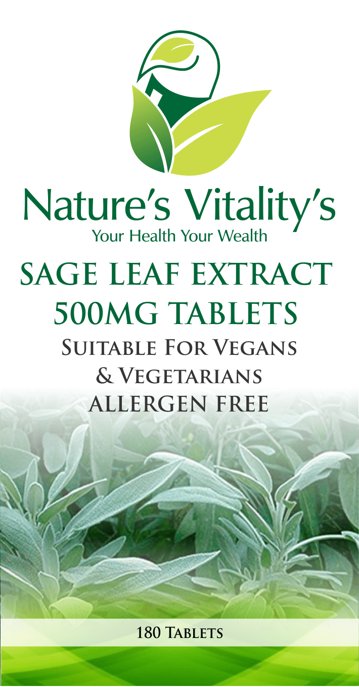 Nature's Vitality's Sage Extract 500mg Menopause Hot Flush Support 180 Tablets Female HRT Suitable for Vegan & Vegetarian Made in United Kingdom